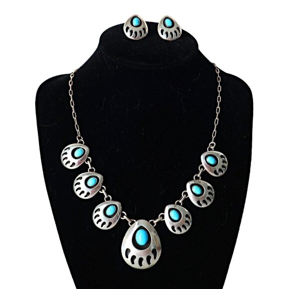 Navajo Vintage Turquoise Bear Paw Sterling Silver Necklace and Earrings Set - Picture 1 of 9